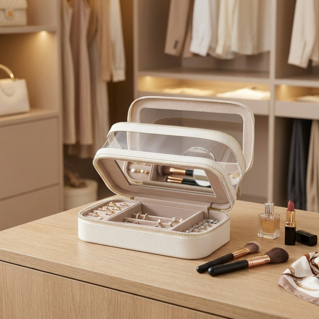 JOYFURNOS Organisateur de Cosmétiques avec Miroir, Mallette de Maquillage de Voyage, Rangement pour Bijoux, Trousse de Pinceaux Portable, Cadeau pour Femme, Blanc