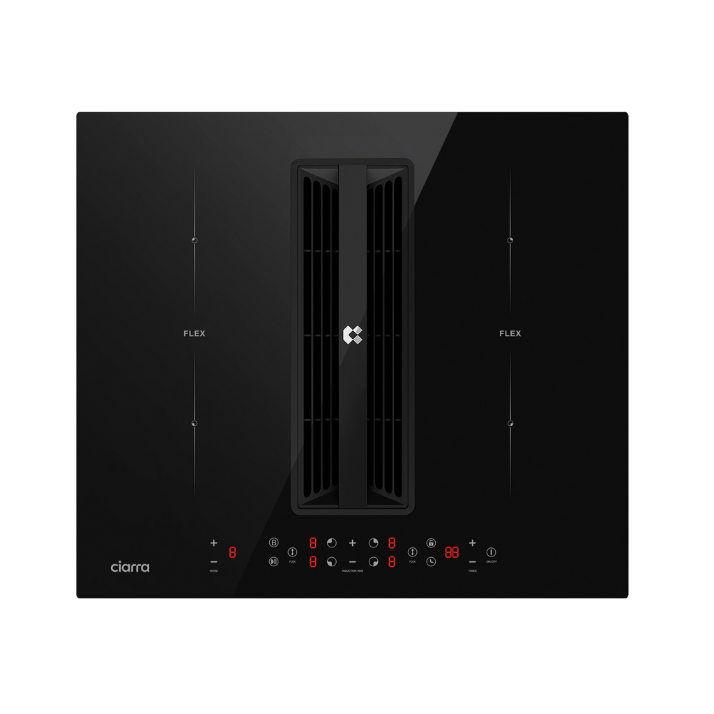 CIARRA ONE Plaque à induction 59 cm avec hotte aspirante intégrée et purification de l'air Plasma⁺, 4 zones de cuisson Boost Flex