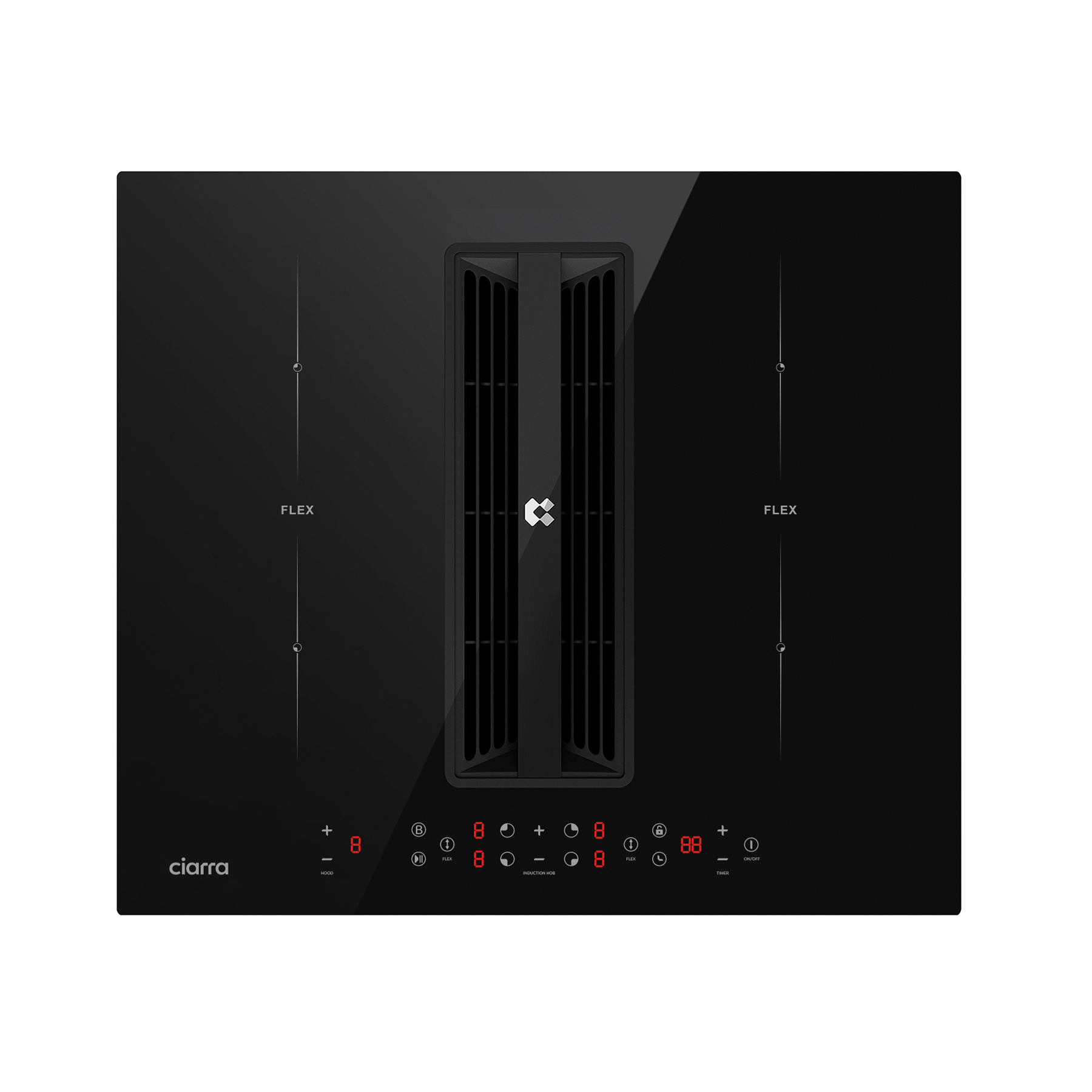 CIARRA ONE Plaque à induction 59 cm avec hotte aspirante intégrée et purification de l'air Plasma⁺, 4 zones de cuisson Boost Flex