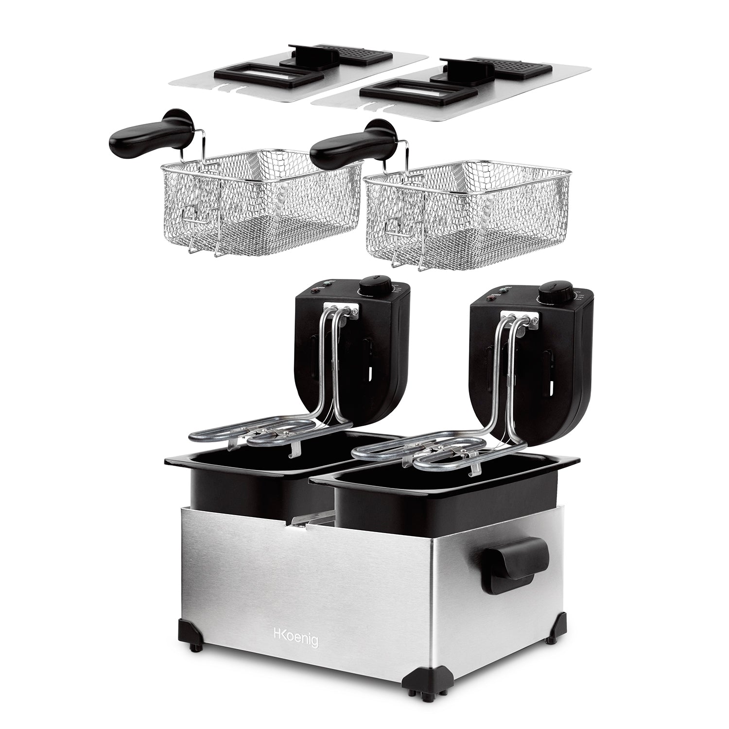 H.KOENIG DFX600 Friteuse double bac 2x3L - 3600W - 2 thermostats indépendants - Paniers amovibles - Filtres anti-odeurs - Acier