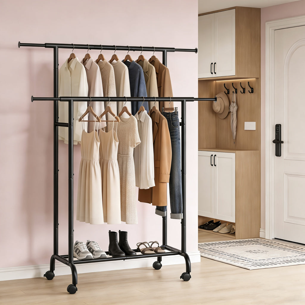 JOYFURNOS Portant à Vêtements Double avec Roulettes, Tringle à Vêtements Réglable, Cadre en Métal Robuste pour Chambre, Charge de 80 kg, Noir