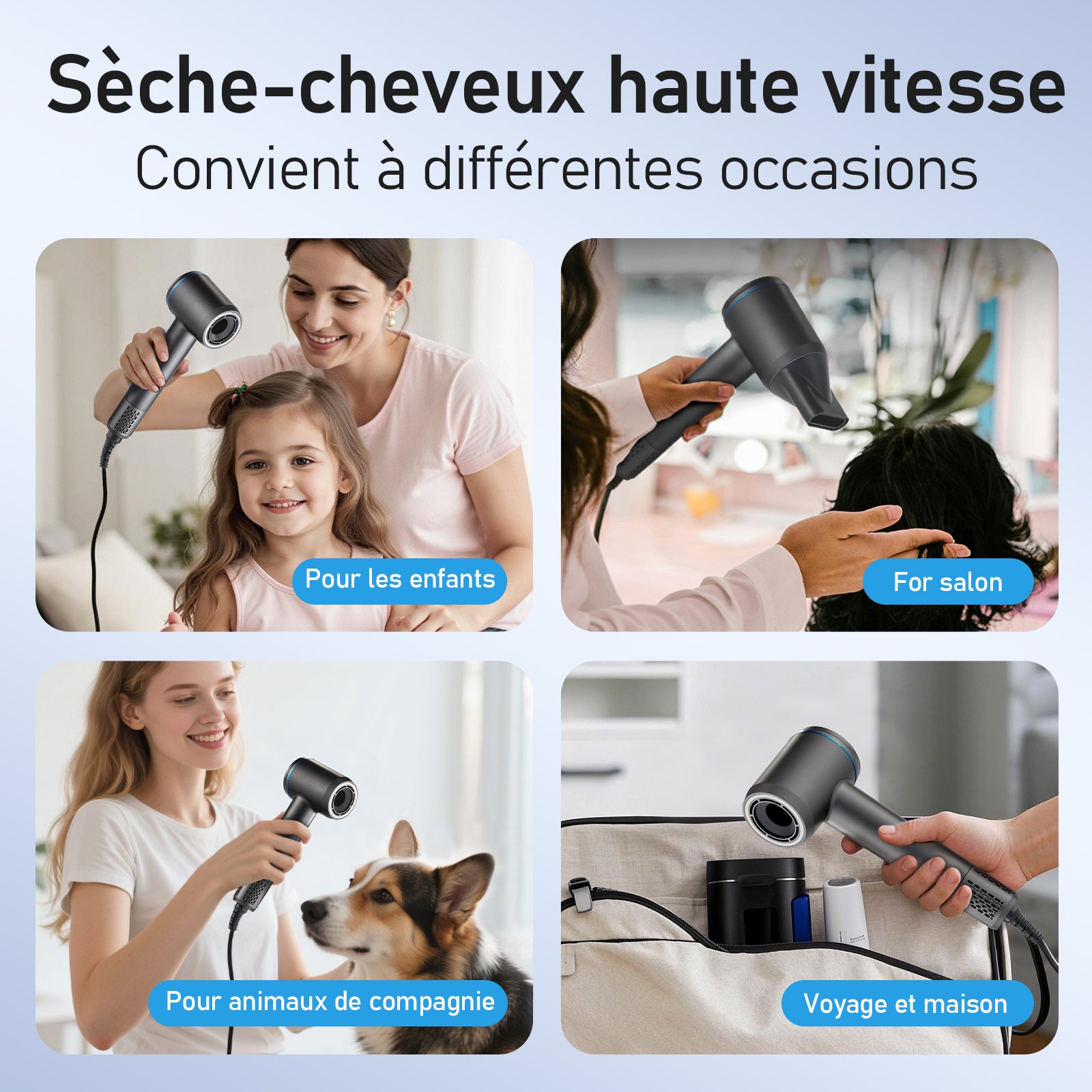 Love Best Air 3.0.1 Sèche-cheveux haute vitesse, Gris, 110 000 tr/min, 1,3 milliard d'ions plasma, Sèche-cheveux domestique haute puissance à séchage rapide, Sèche-cheveux soin capillaire au plasma, Compact et portable, Doux pour les cheveux, Mini sè