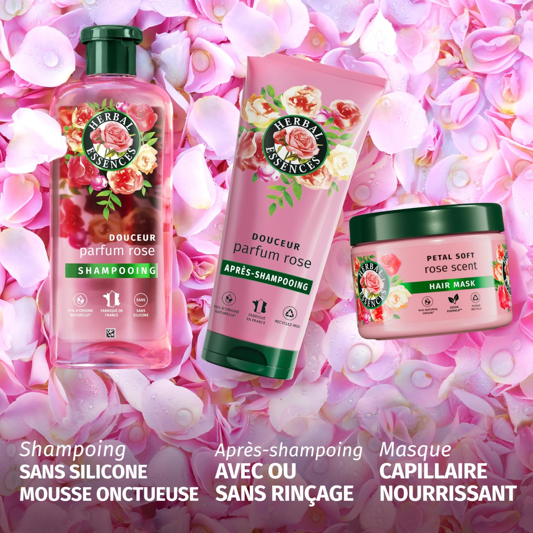 Herbal Essences Routine Douceur Parfum Rose avec Shampooing 250 ml, Après-Shampooing 200 ml, Masque 500 ml Et Spray Tout-en-Un Léger 145 ml