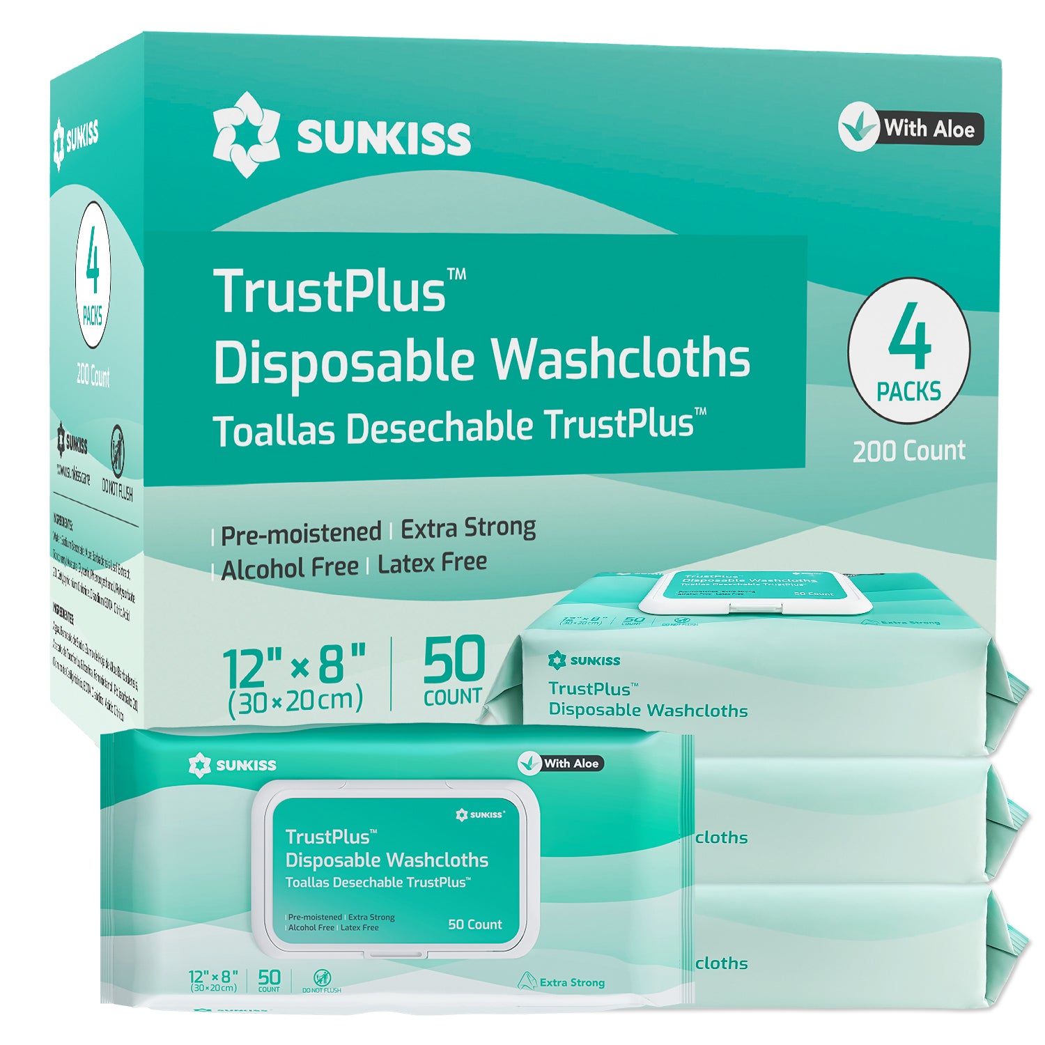 SUNKISS Trustplus Lot de 200 lingettes nettoyantes extra-épaisses pour incontinence et hygiène intime adulte - 20 x 30 cm
