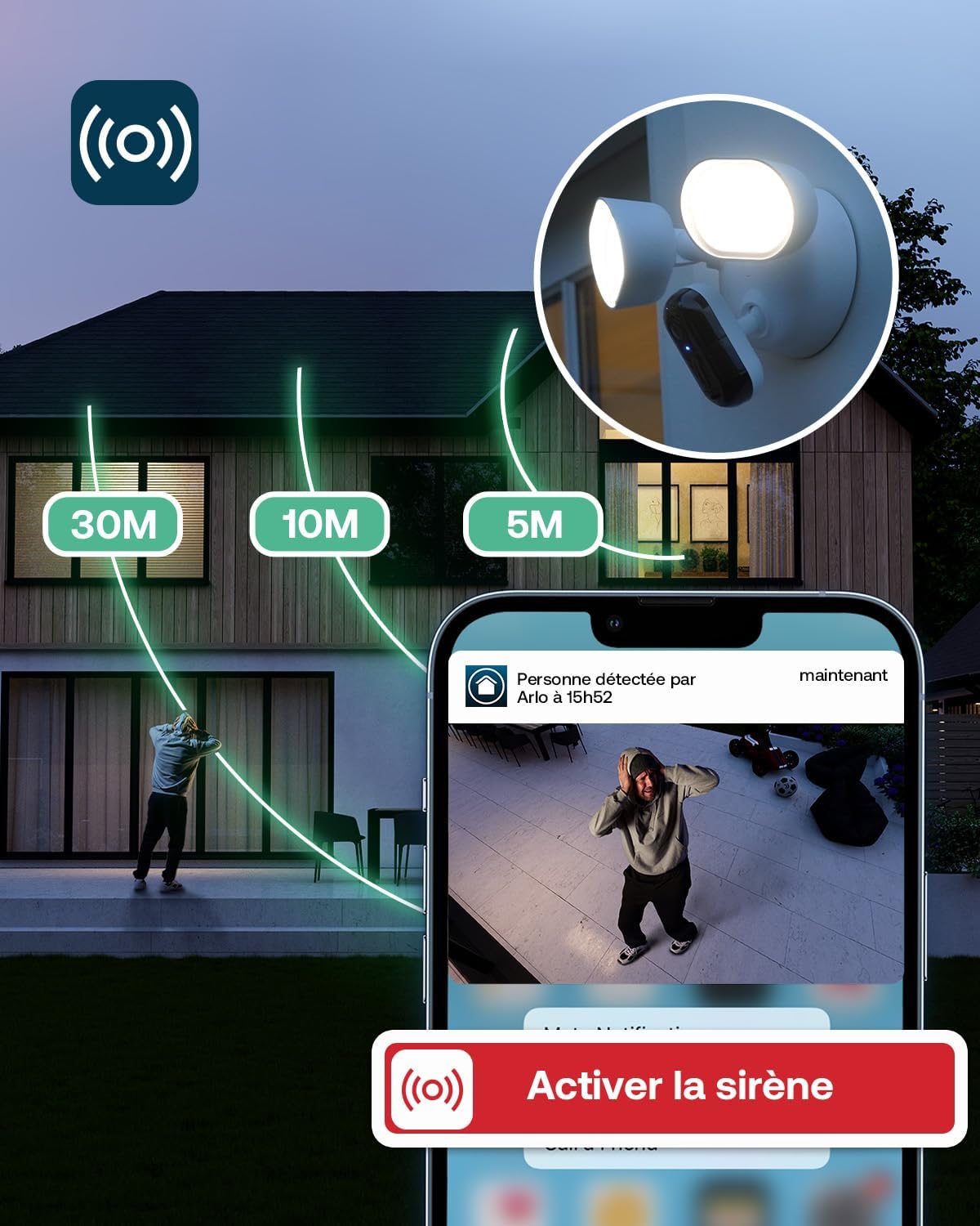 Arlo FLW2201-100EUS Caméra de surveillance extérieure filaire Floodlight 2K HDR WiFi 2ème Génération, Kit de 2 caméras Blanc