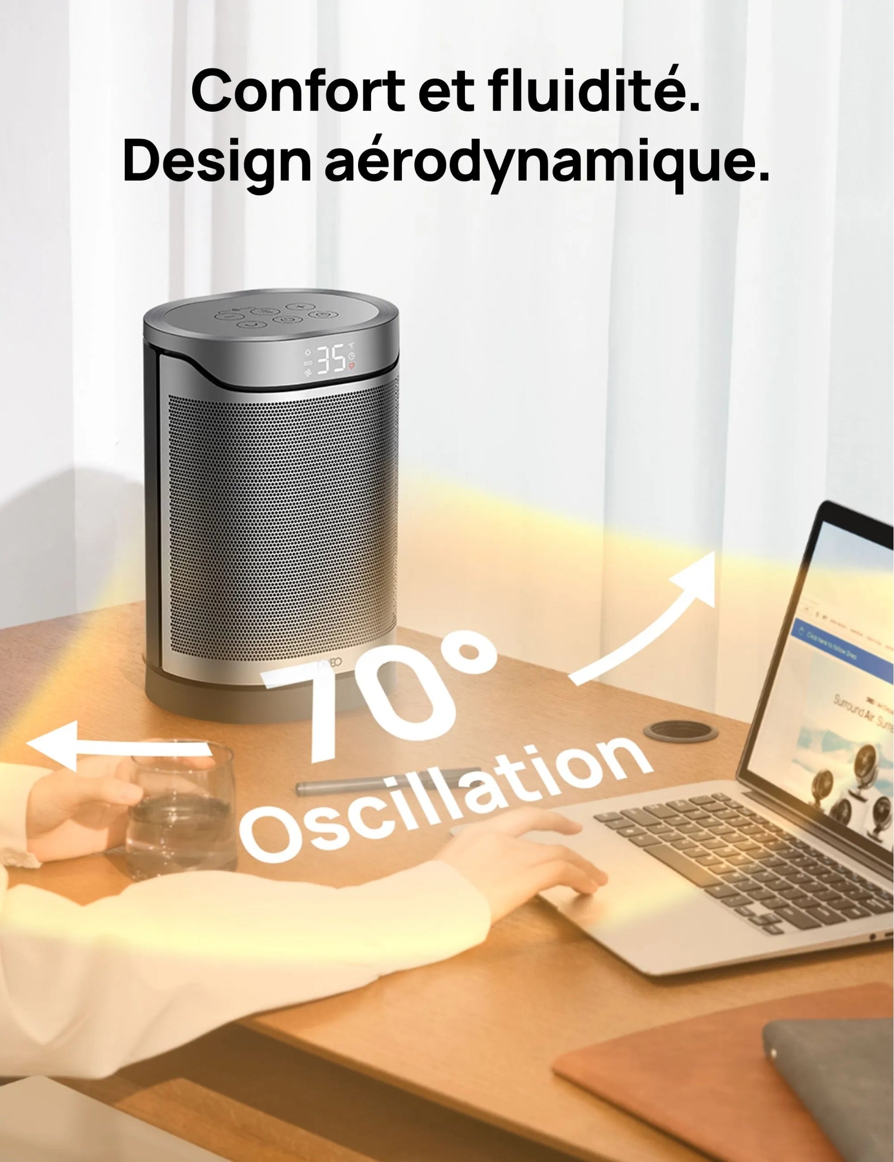 DREO Atom 318, Chauffage soufflant céramique PTC, 1500 W, économe en énergie, chaleur instantanée 2 s, oscillation 70°, minuterie 12 h, 8 protections de sécurité, télécommande