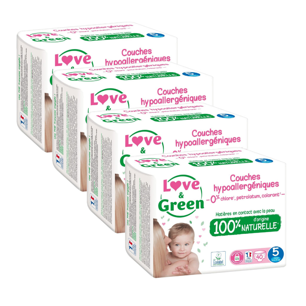 LOVE & GREEN Couches Écologiques Hypoallergéniques Pour Bébé Taille 5 11-25 kg - Pack Mensuel De 4 (160 Couches Au Total)