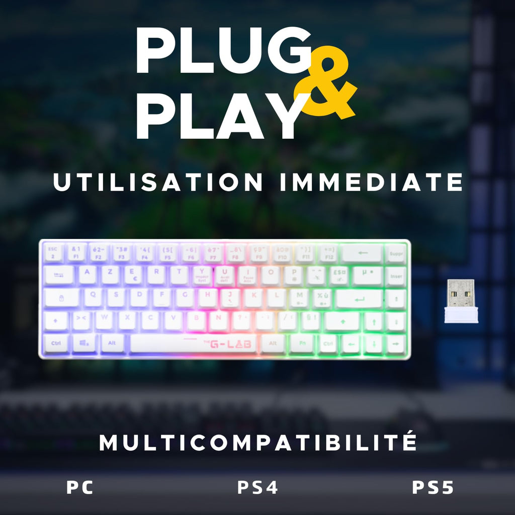 THE G-LAB KEYZ HYDROGEN Clavier Gaming Membrane Sans Fil RGB TKL - AZERTY - Blanc