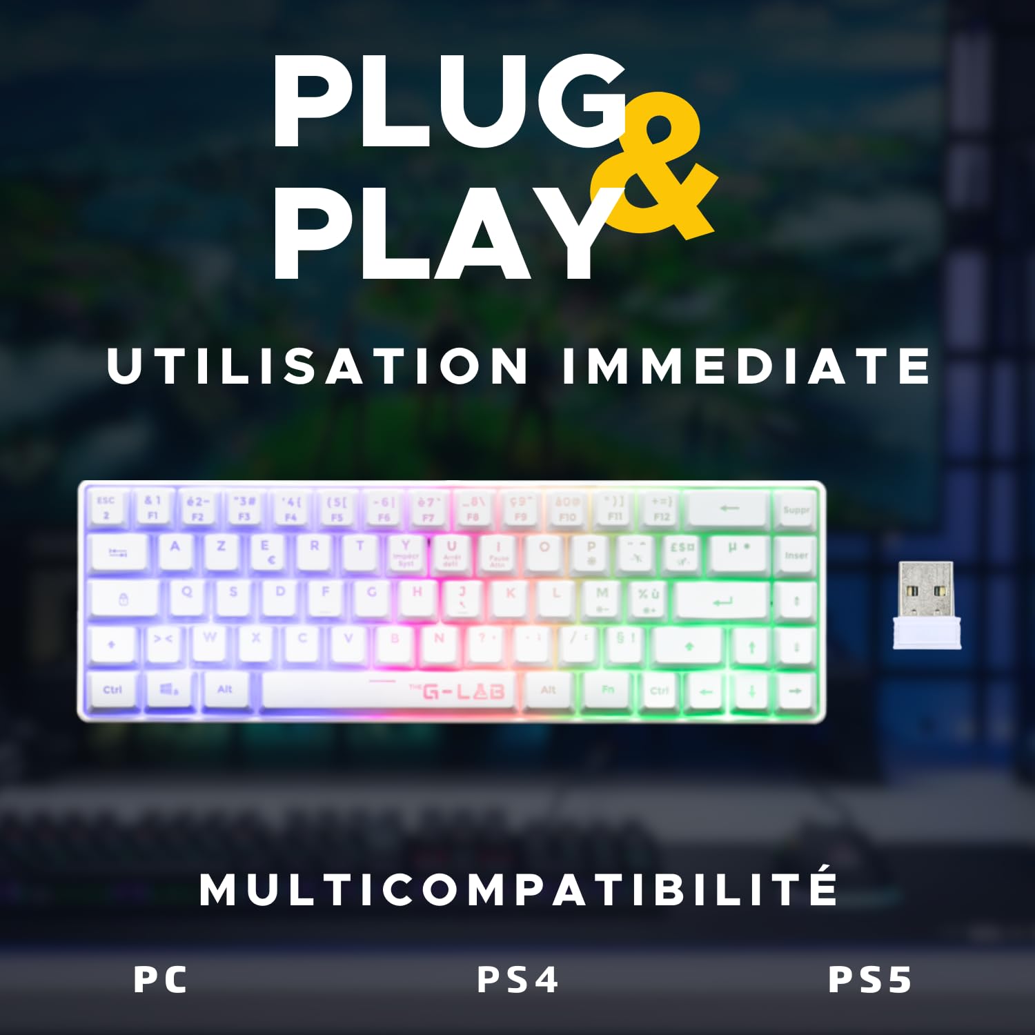 THE G-LAB KEYZ HYDROGEN Clavier Gaming Membrane Sans Fil RGB TKL - AZERTY - Blanc