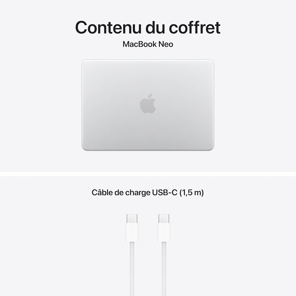 Apple MacBook Neo 13 pouces, 8 Go RAM, 512 Go SSD, puce A18 Pro avec CPU 6 cœurs et GPU 5 cœurs, Touch ID, argent, AZERTY