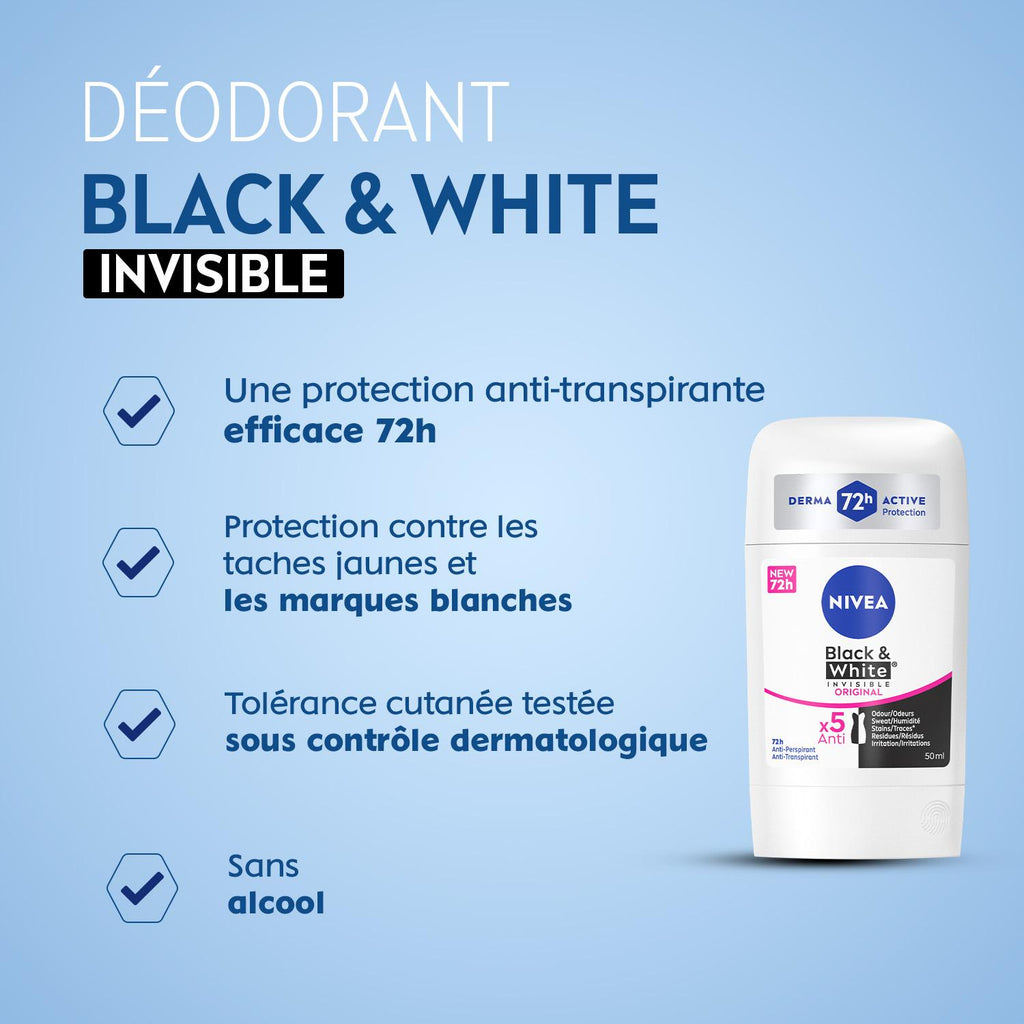 NIVEA Déodorant Femme Aisselles Black & White Original Protection 72h Stick 50ml