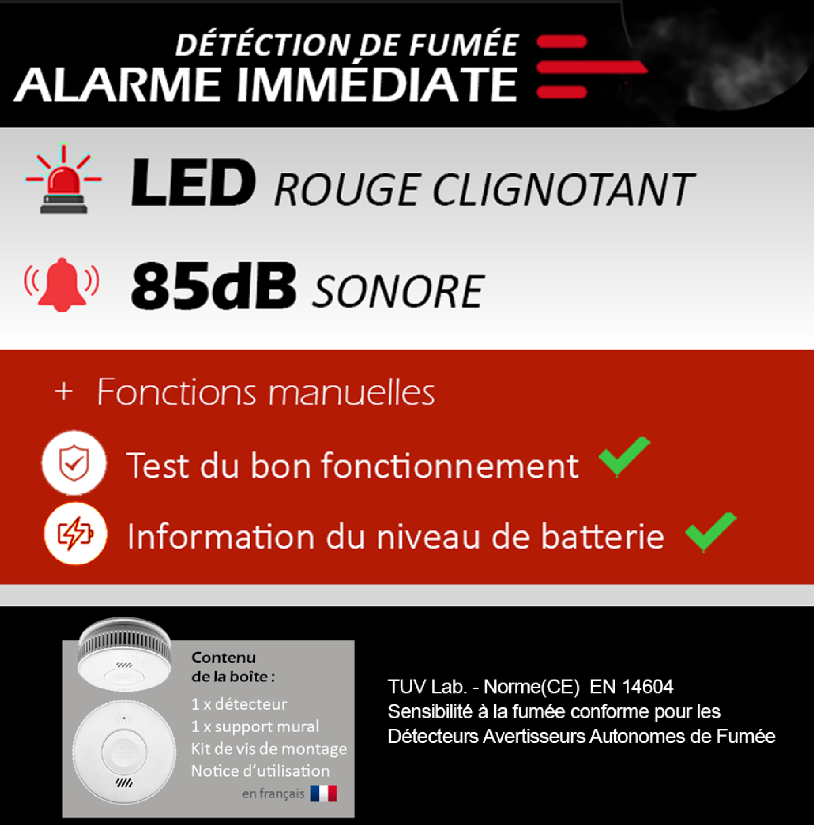 KYF Détecteur de fumée conforme CE avec batterie remplaçable 3 ans