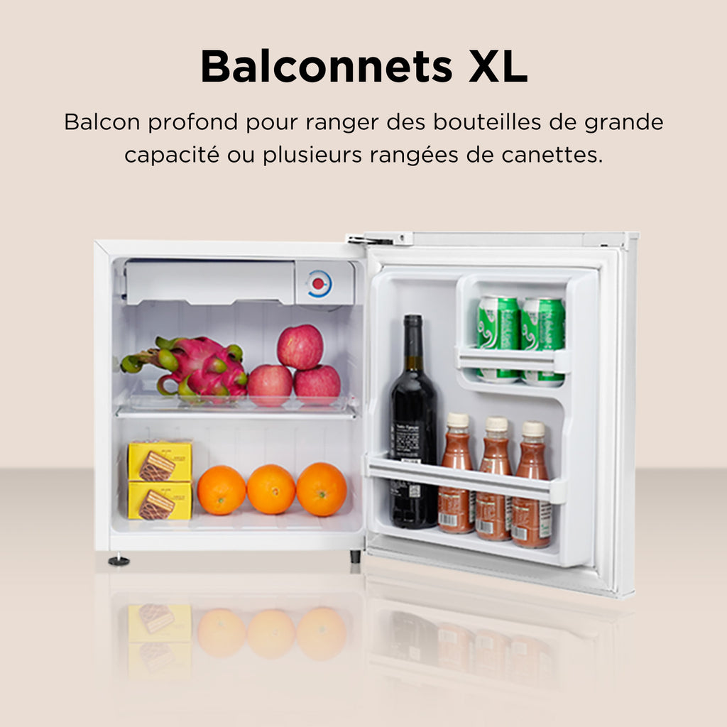 TCL RF60DWE0FR Mini réfrigérateur 45 L – Réfrigérateur de table compact pour boissons, en-cas & rafraîchissements, pieds réglables, étagère en verre trempé