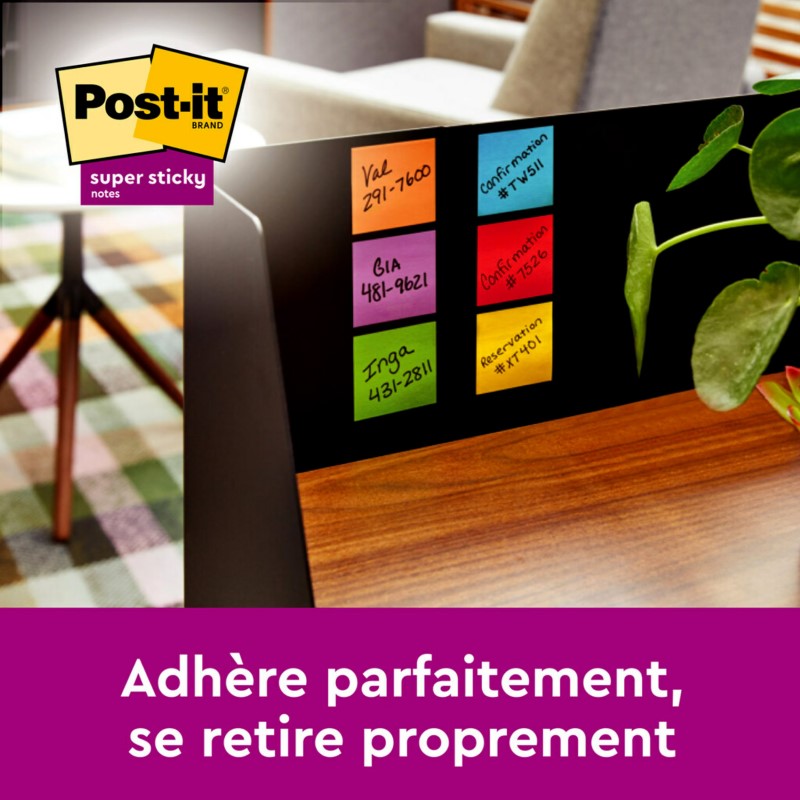Post-it Notes super adhésives, Collection de couleurs Carnaval, 47,6 mm x 47,6 mm, 90 feuilles/planche, 12 planches/boîte, emballage en carton, certifié 100 % PEFC, SGSCH-PEFC-COC-110078
