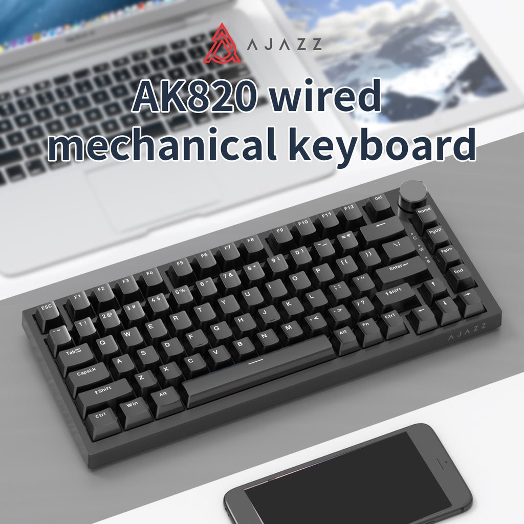 AJAZZ AK820 clavier mécanique filaire 75 %, disposition QWERTY US, interrupteurs linéaires remplaçables à chaud, montage sur joints (gasket mount), rétroéclairage blanc, 83 touches avec molette de volume CNC, mousse Poron, capuchons en PBT de profil