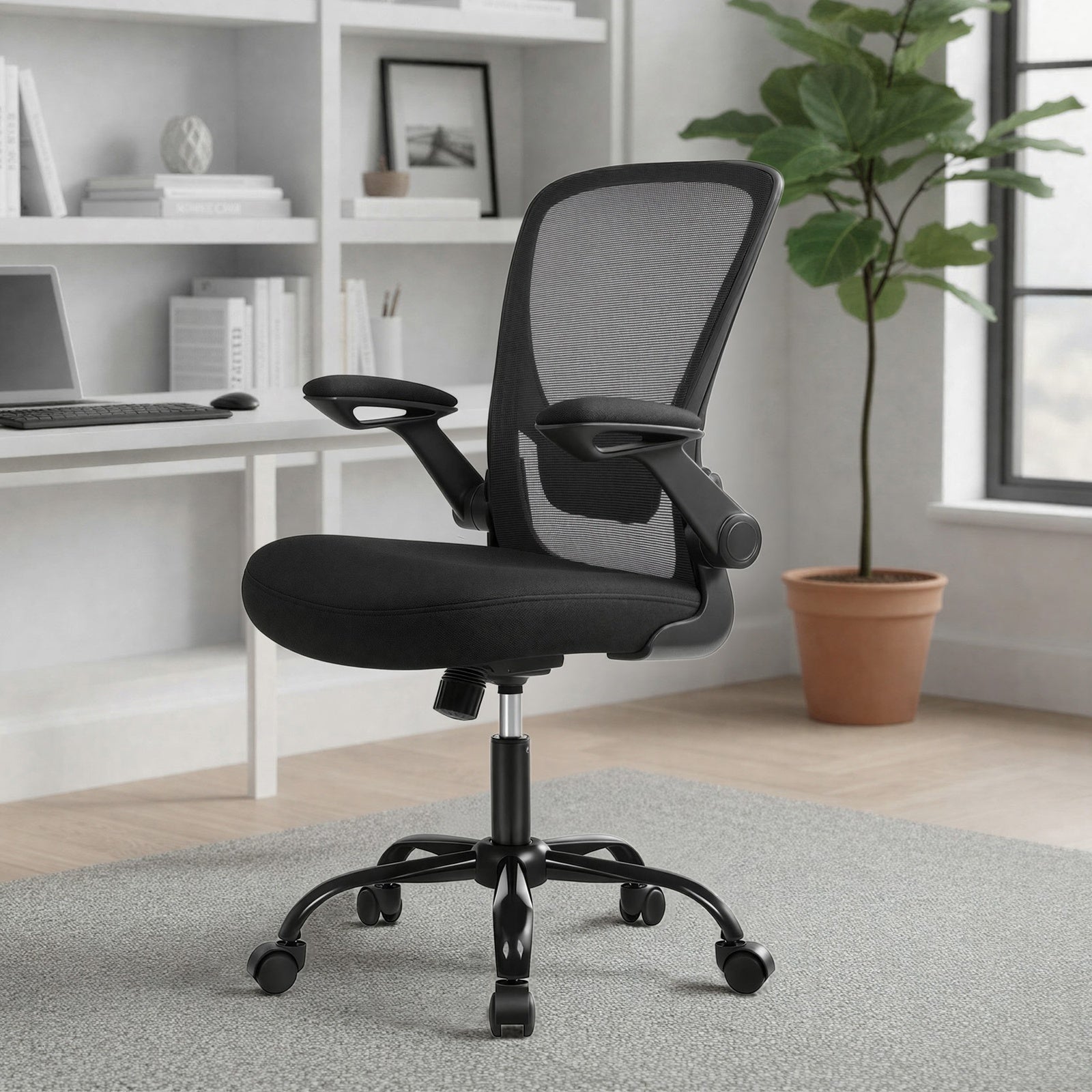 JOYFURNOS Fauteuil ergonomique en tissu noir d’encre – 60×64×（103-110）cm, soutien lombaire rembourré, accoudoirs relevables, mécanisme à bascule – idéal pour le bureau à domicile