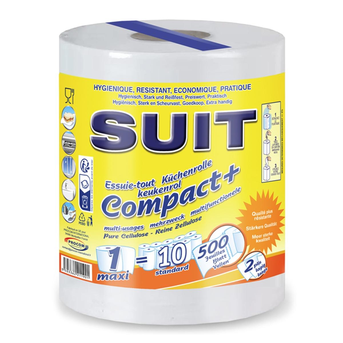 SUIT Essuie-Tout Compact, 2 Plis, 500 Feuilles, 1 Rouleau
