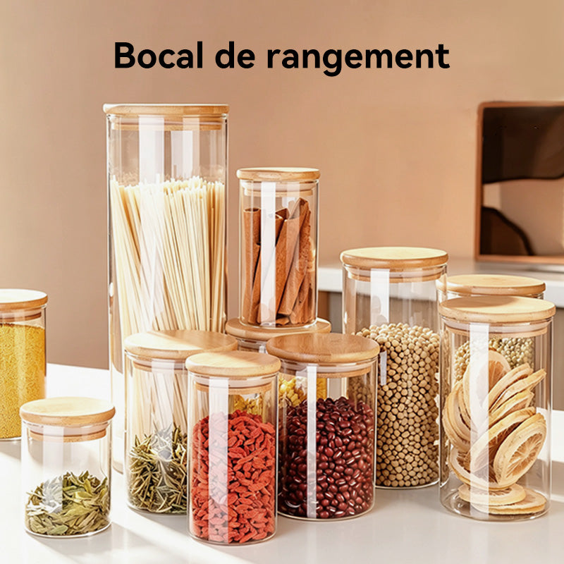 JORDAN&JUDY Lot de 7 pots de conservation alimentaire en verre hermétiques pour céréales, finition grain de bois (2178 ml*1 + 1100 ml*1 + 888 ml*1 + 800 ml*1 + 577 ml*1 + 500 ml*1 + 431 ml*1)