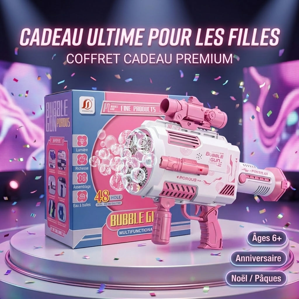 Pistolet à bulles Gatling rose Tokky, machine à bulles automatique à 48 trous avec lumières LED colorées, chargement USB et conception étanche à 360 degrés, jouet tactique pour filles