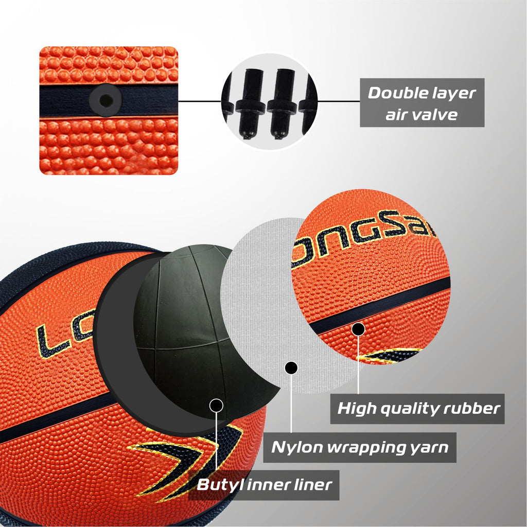 LONGSAIL Ballon de basket en caoutchouc de haute qualité 29,5 po Taille 7 Noir/Marron