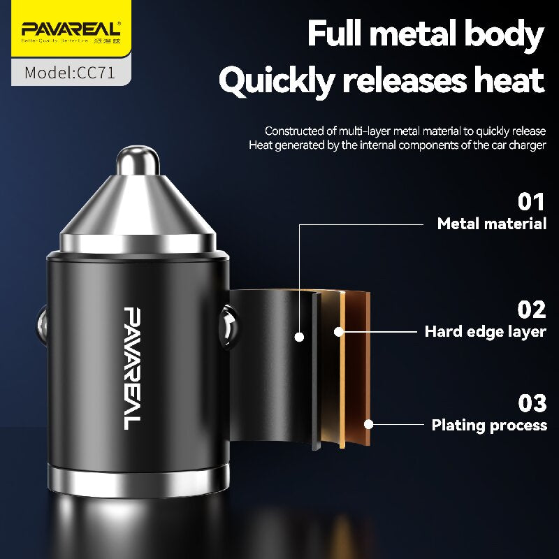 PAVAREAL CC71 Mini Chargeur de voiture PD 20 W + 100 W Prend en charge la charge rapide des gammes iPad, Samsung, iPhone
