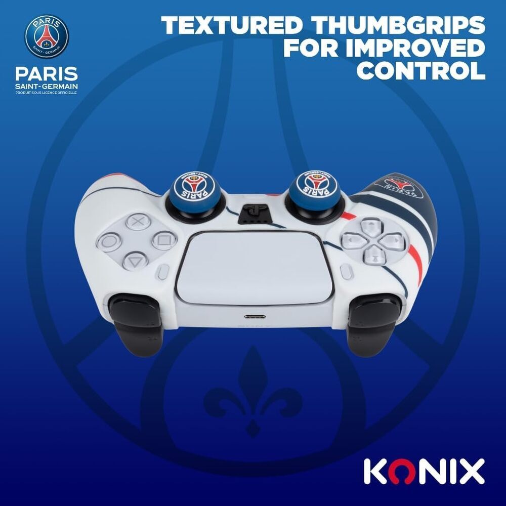 Konix PSG Coque de protection pour manette DualSense PS5 - Silicone - Appuie-pouces - Bleu, blanc et rouge