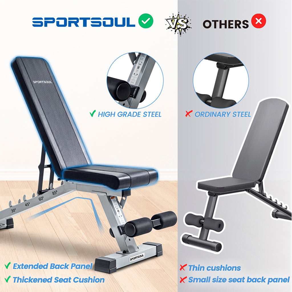 SPORTSOUL Banc d'exercices réglable pour salle de sport à domicile, banc d'entraînement de force pliable avec capacité de charge de 610 lb, 6 x 3 x 3 réglable