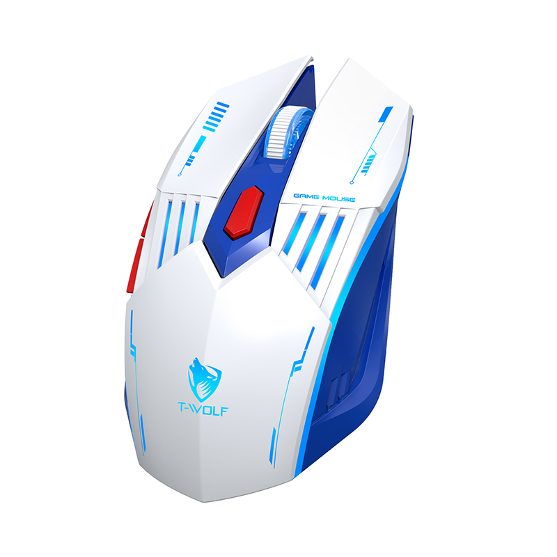 Rexsun Souris de jeu tri-mode Boutons 6D 2,4 GHz + Bluetooth + Filaire DPI réglable 800–3600 Recharge Type-C Éclairage RVB à effet respiration Batterie 300 mAh Blanc et bleu X7
