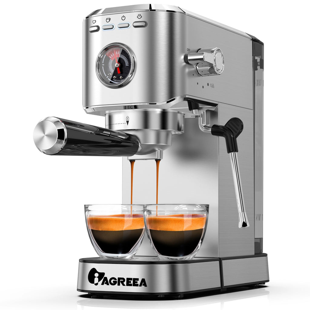 IAGREEA Machine à expresso professionnelle 20 bars avec manomètre, buse vapeur et plateau chauffe-tasses, machine à café à simple/double dose, réservoir d'eau amovible de 1,1 L