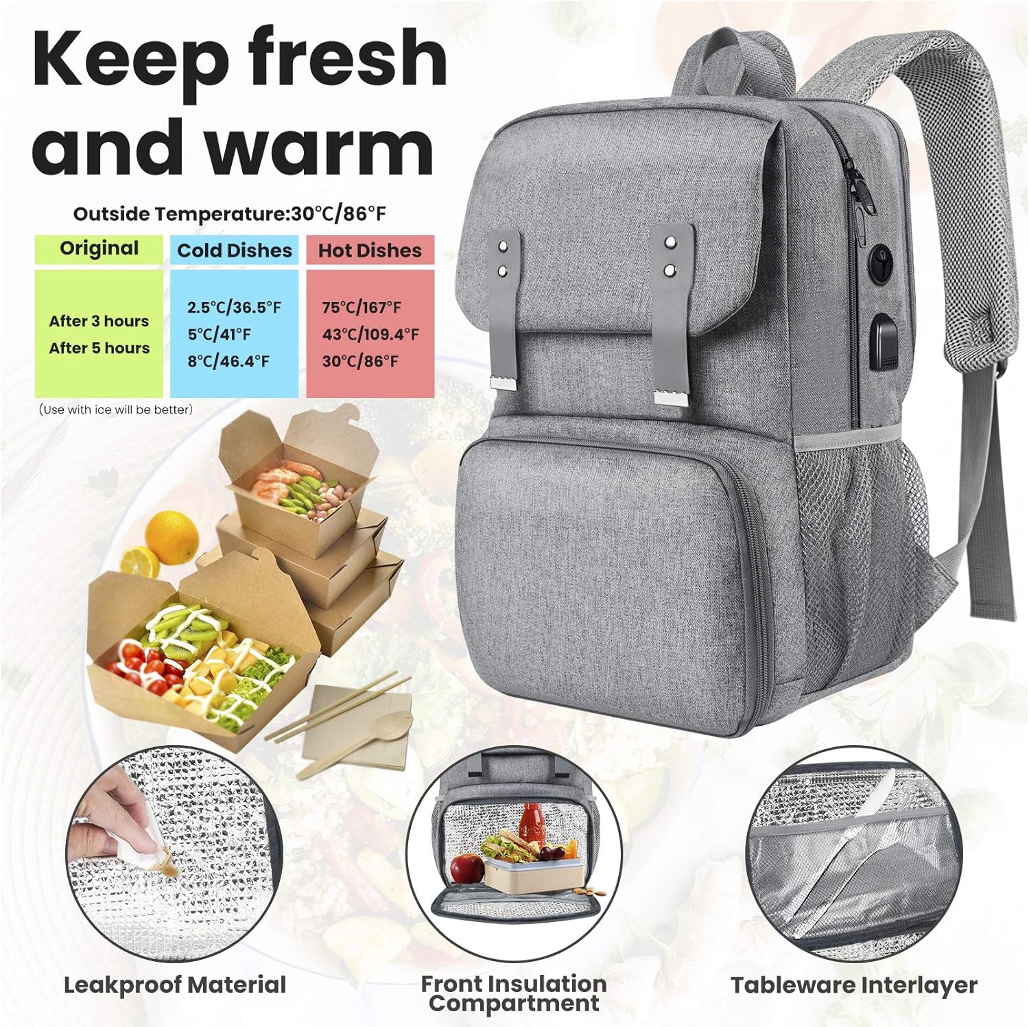 Sac à dos avec sac déjeuner isotherme pour femme, Sac de voyage pour ordinateur résistant à l'eau, Sac à dos universitaire, Compatible avec ordinateur portable 15,6 po