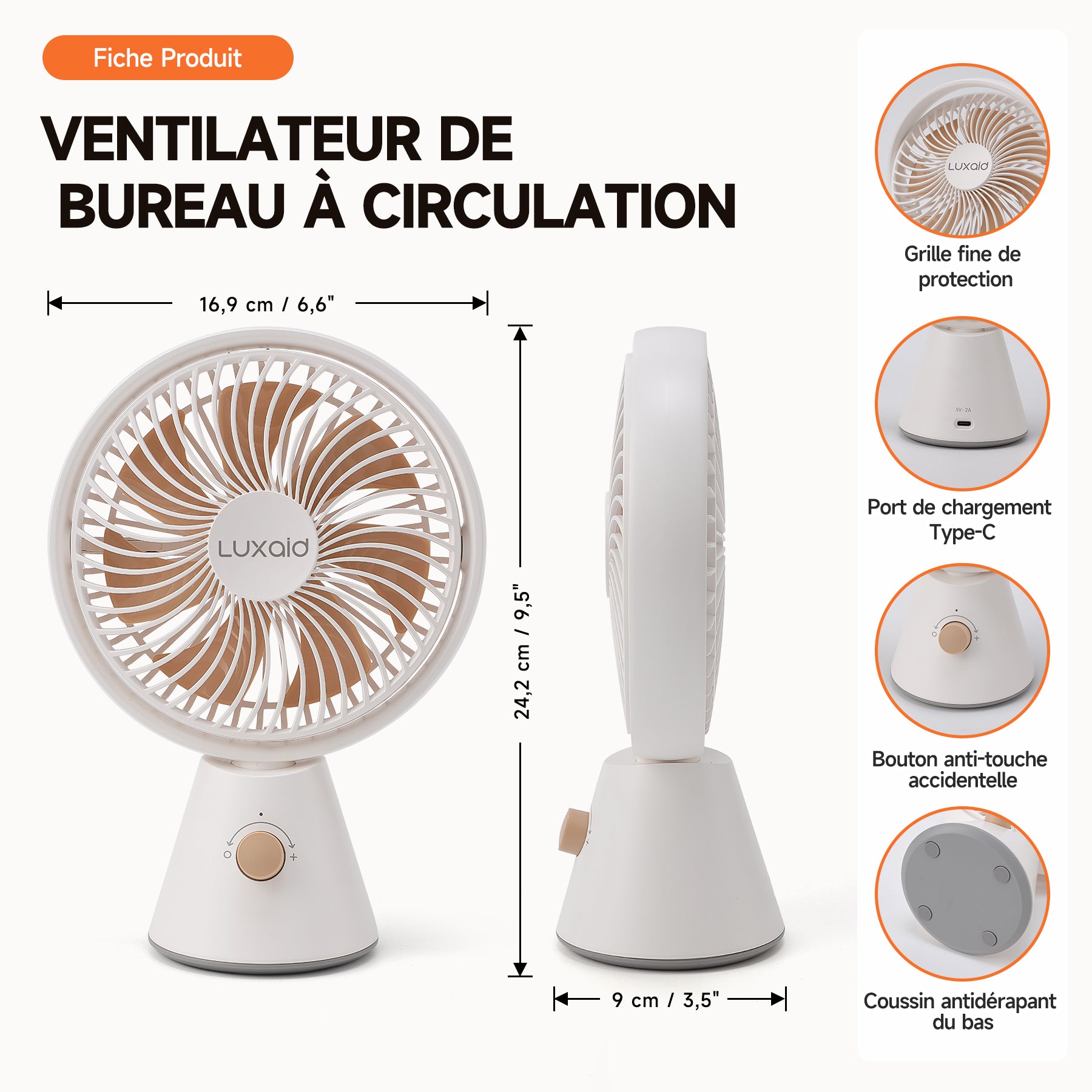 Luxaid Ventilateur de bureau portable, batterie 4000 mAh , oscillation manuelle verticale à 180° + oscillation automatique horizontale à 90°, 7 pales