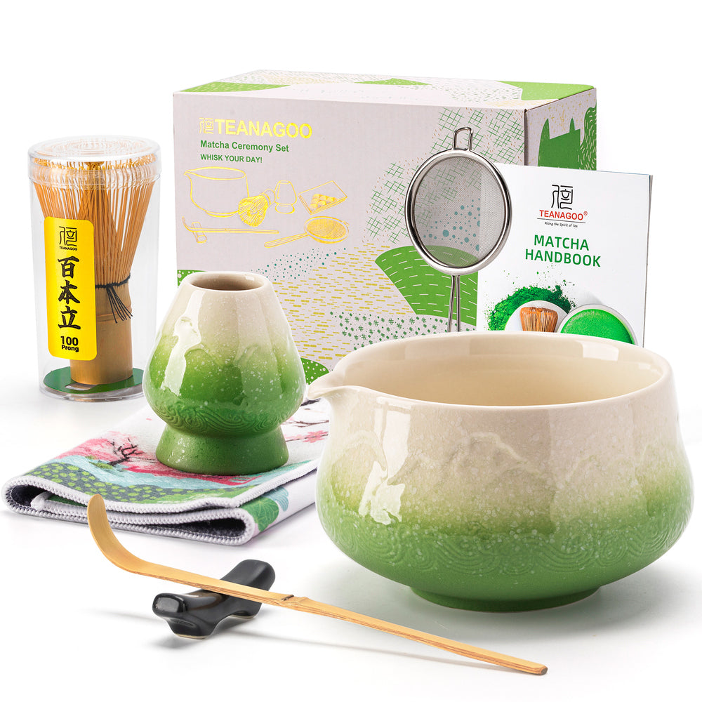 TEANAGOO Ensemble matcha 7 pièces, ensemble fouet à matcha vert, kit poudre de matcha pour cérémonie, service à thé matcha pour préparer des lattés