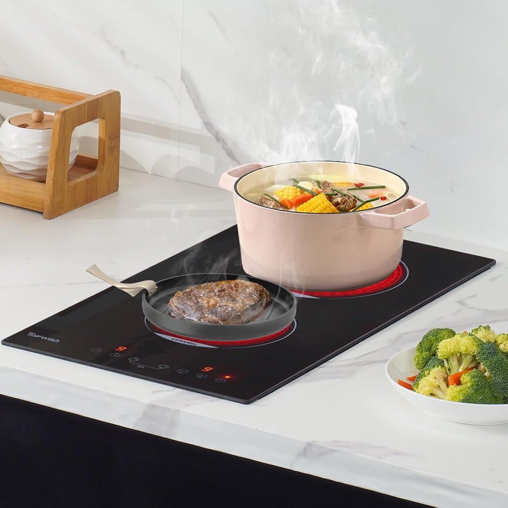 TOPWISH Plaque vitrocéramique 2 foyers, Table de cuisson électrique encastrable, Commande tactile, Sécurité enfant, Indicateur de chaleur résiduelle, 3000 W, 29 cm