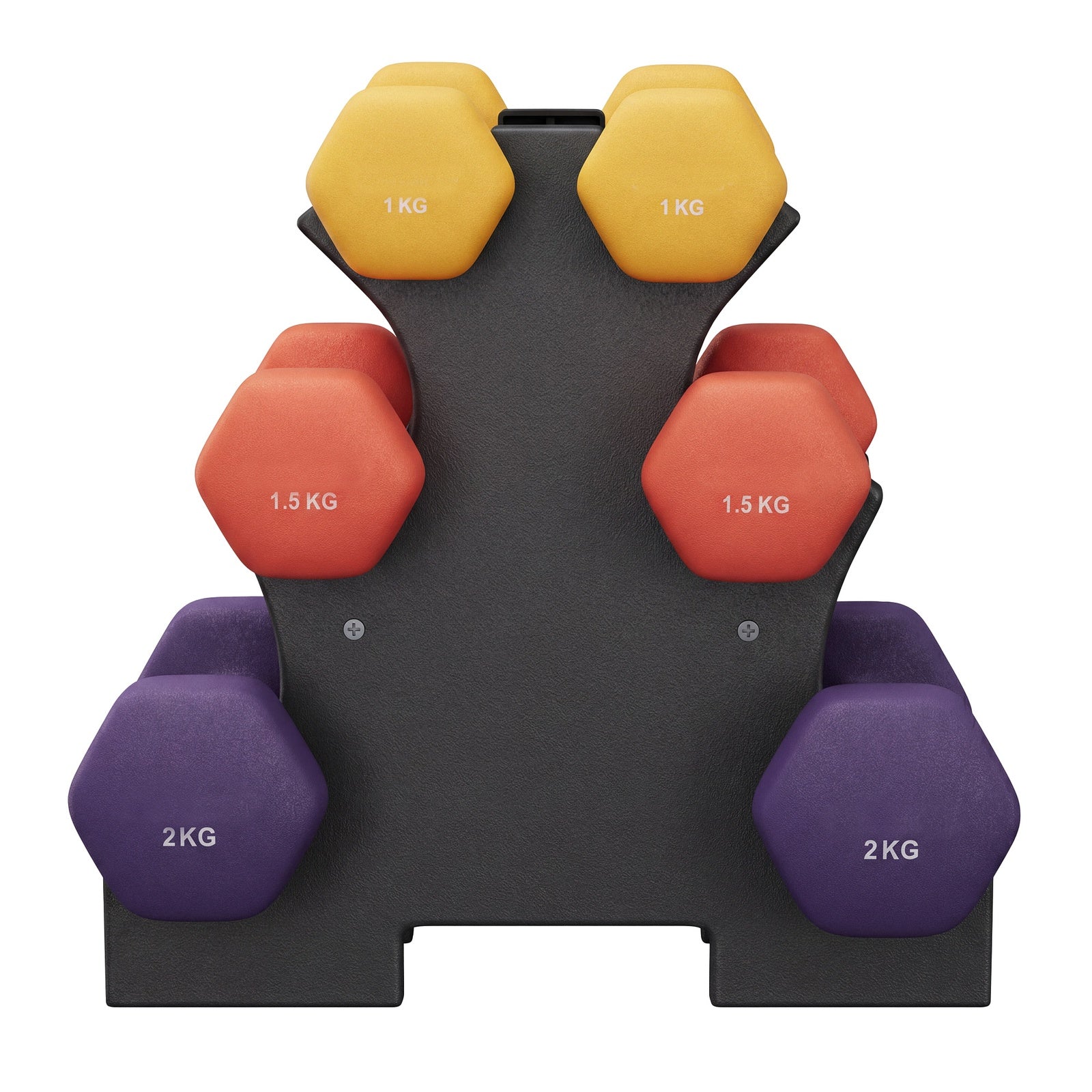 JOYFURNOSSet d’haltères en néoprène avec support, 2 x 1 kg, 2 x 1,5 kg, 2 x 2 kg, pour entraînement Jaune, Orange et Violet