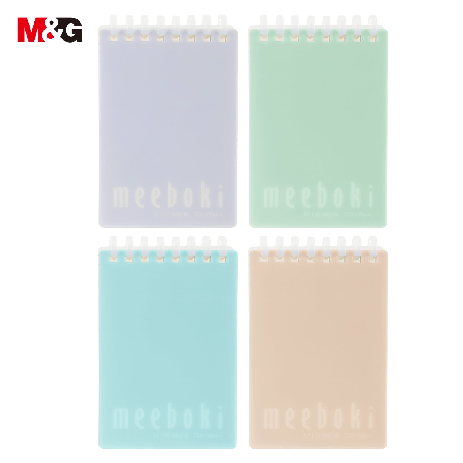 M&G Meeboki Carnets à spirale, lot de 4 carnets A7 à ouverture par le haut, 50 feuilles / 100 pages papier quadrillé, blocs-notes sténo à spirale pour école, travail et bureau