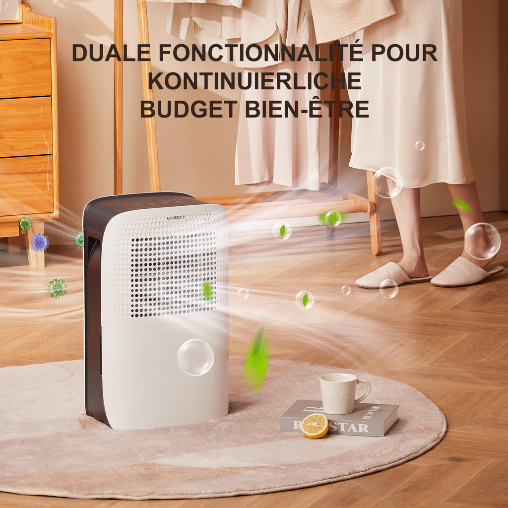 ELECCI Déshumidificateurs 16 L/j avec tuyau d’évacuation, réservoir d’eau de 3,1 L, 4 modes, réfrigérant R290, évacuation continue, dégivrage automatique, minuterie 24 h