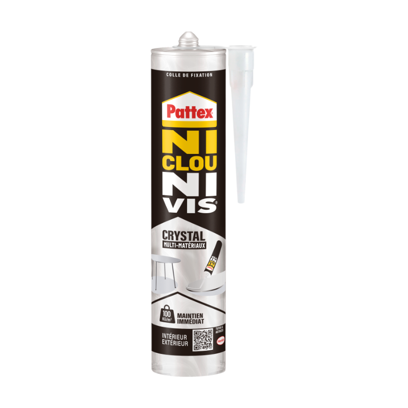 Pattex – Ni Clou Ni Vis Crystal (cartouche de 290 g) – Colle de fixation extra forte pour intérieur et extérieur – Mastic transparent multi-matériaux