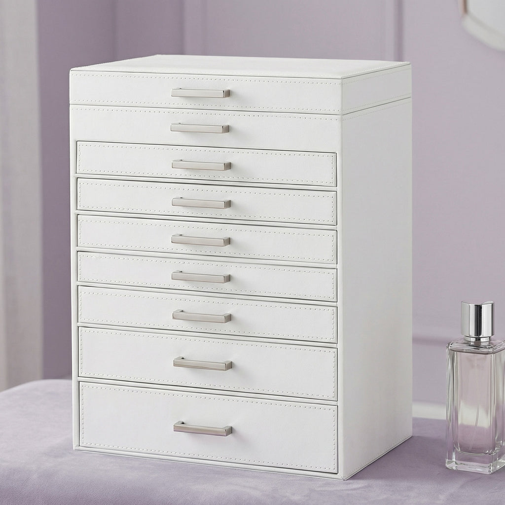 JOYFURNOS Grand Organisateur de Boîte à Bijoux à 8 Niveaux avec Compartiment de Rangement Dédié pour Montres, Design de Tiroir Empilable avec Plateau en Verre Transparent