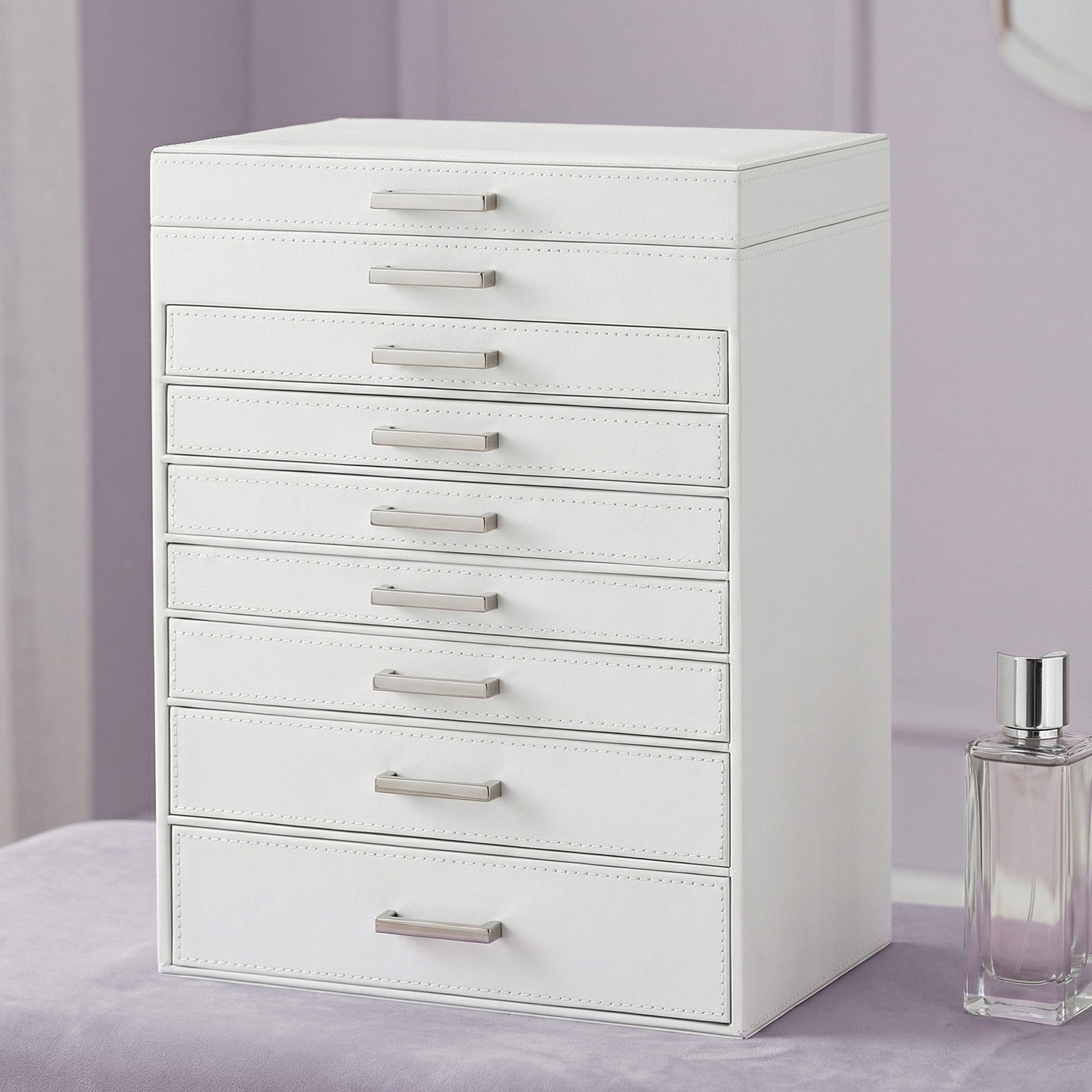 JOYFURNOS Grand Organisateur de Boîte à Bijoux à 8 Niveaux avec Compartiment de Rangement Dédié pour Montres, Design de Tiroir Empilable avec Plateau en Verre Transparent