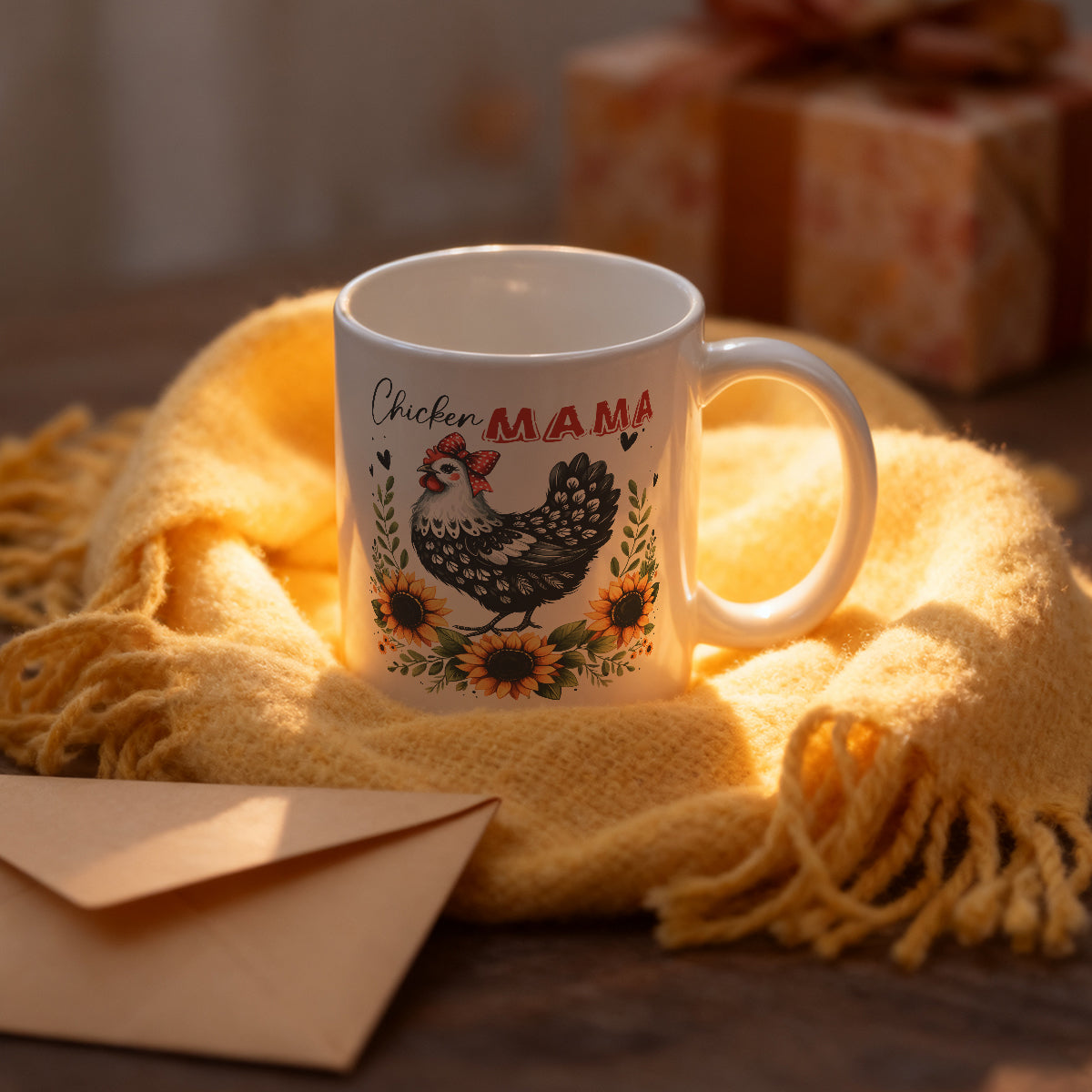 Alphynix 1 pièce mug blanc 11 oz avec motif humoristique « Maman poule » style maison de campagne et nœud rouge, cadeau unique et humoristique de Noël ou d’Action de grâce