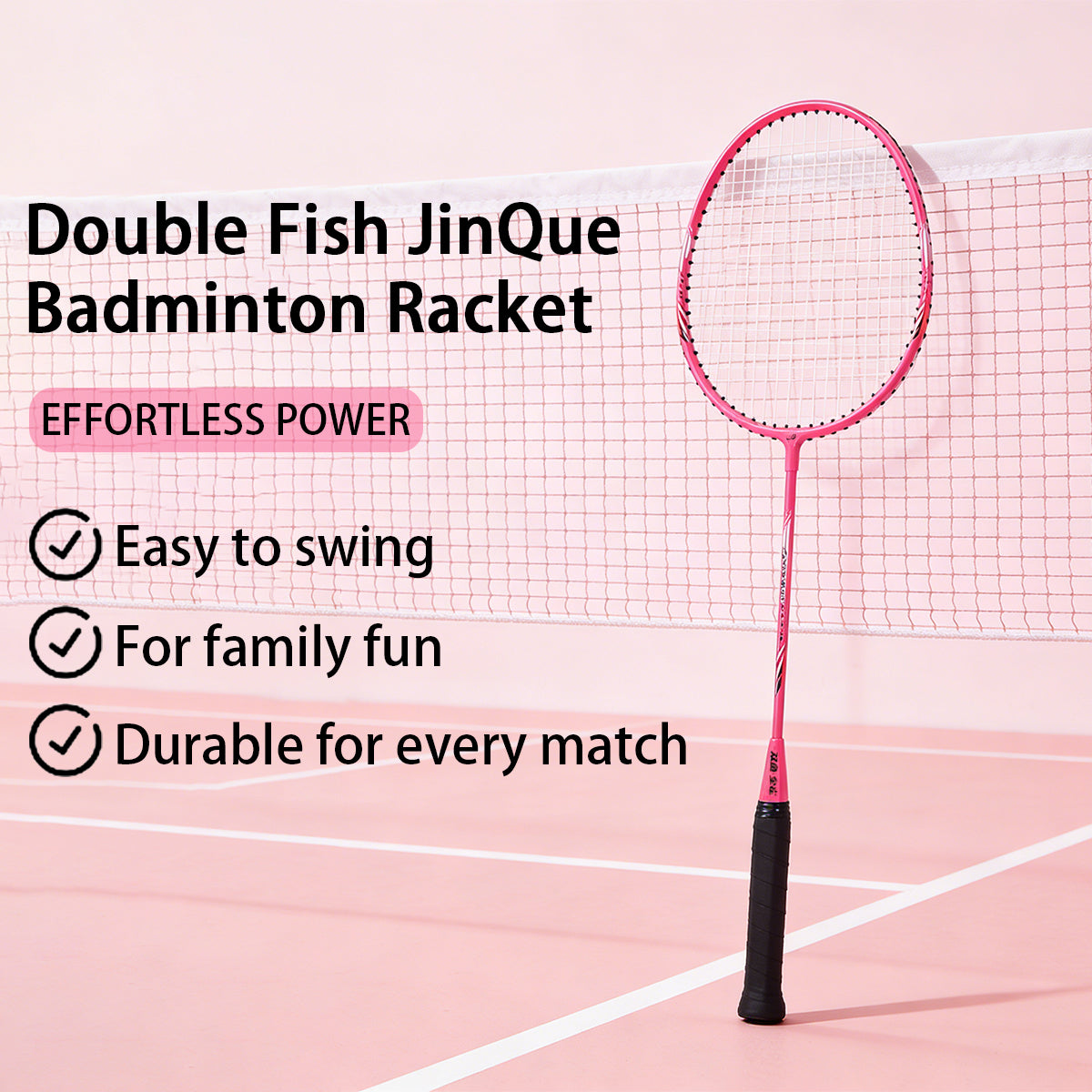 Double Fish JinQue Raquettes de badminton légères et durables Set de doubles Rose 1309 avec housse, 2 raquettes, volants non inclus