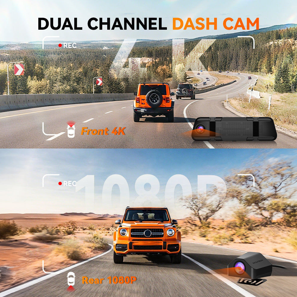WOLFBOX M40 Caméra de rétroviseur 10 pouces, Caméra embarquée avant et arrière 4K+1080P, Caméra embarquée rétroviseur avec ADAS/BSD, Commande vocale, Carte 64 Go incluse, Wi-Fi et GPS