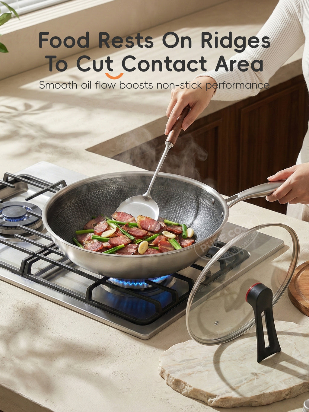 PURECOOK Wok antiadhésif - wok sans Téflon, antiadhésif en acier inoxydable, wok avec couvercle, moins de fumée - Essentiels de la cuisine, cuisson, friture