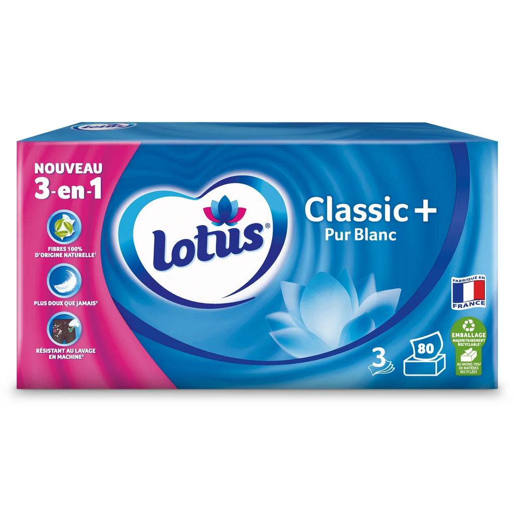 LOTUS Classic+ Mouchoirs en Papier 3 Épaisseurs Résistant au Lavage, 1 Boîte, 80 Mouchoirs