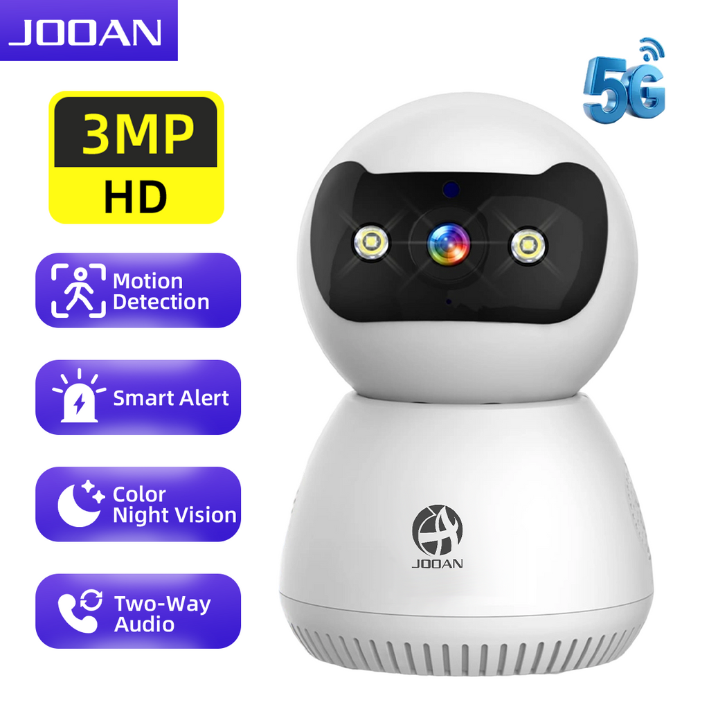 JOOAN Caméra de sécurité 2K Full HD avec vision nocturne en couleur, audio bidirectionnel, détection de mouvement, enregistrement de suivi, contrôle à distance via application mobile