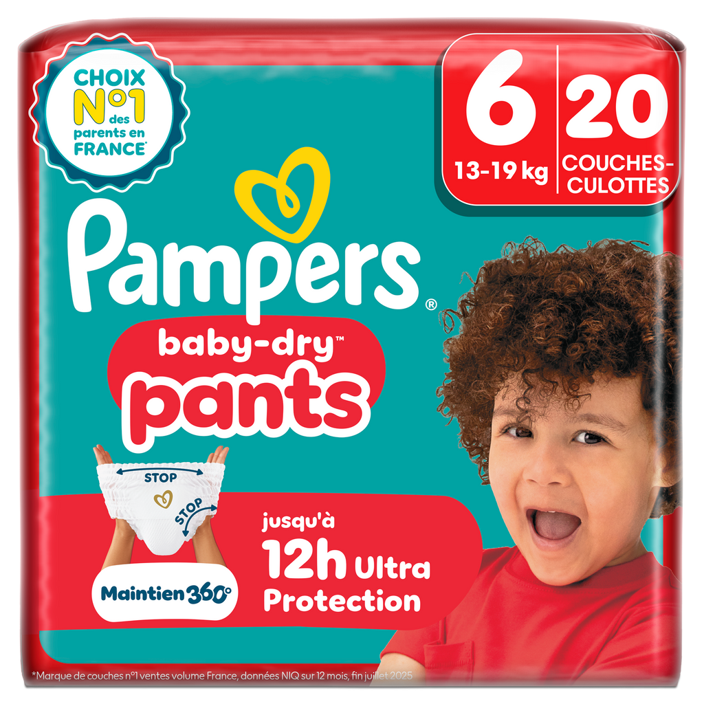Pampers Baby-Dry Pants, Taille 6, 20 Couches-Culottes, 13-19kg, Protection 360° contre les fuites jour et nuit