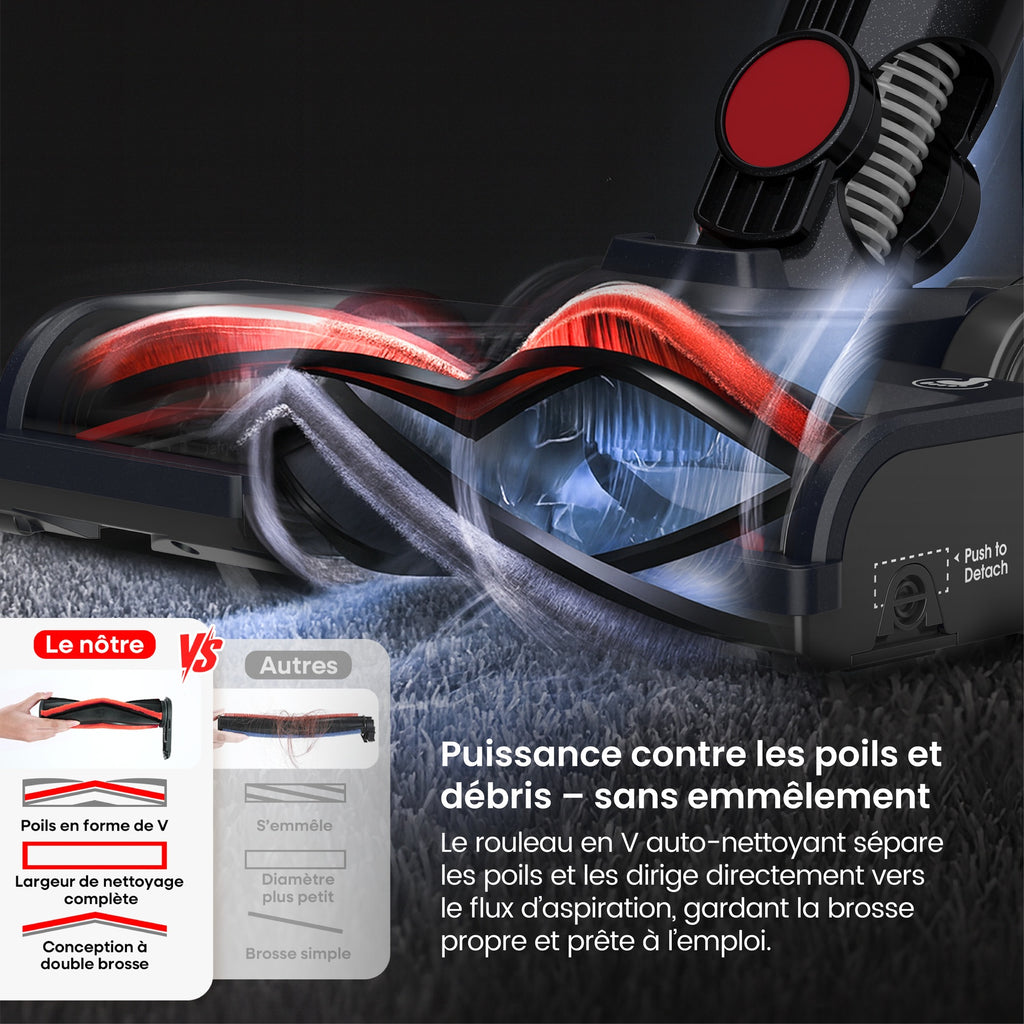 MonsgaClean M100 Aspirateur sans fil rouge, 55000 Pa, 45 min, écran tactile, lumière verte pour révéler la poussière, anti-emmêlement, tient debout tout seul, rechargeable