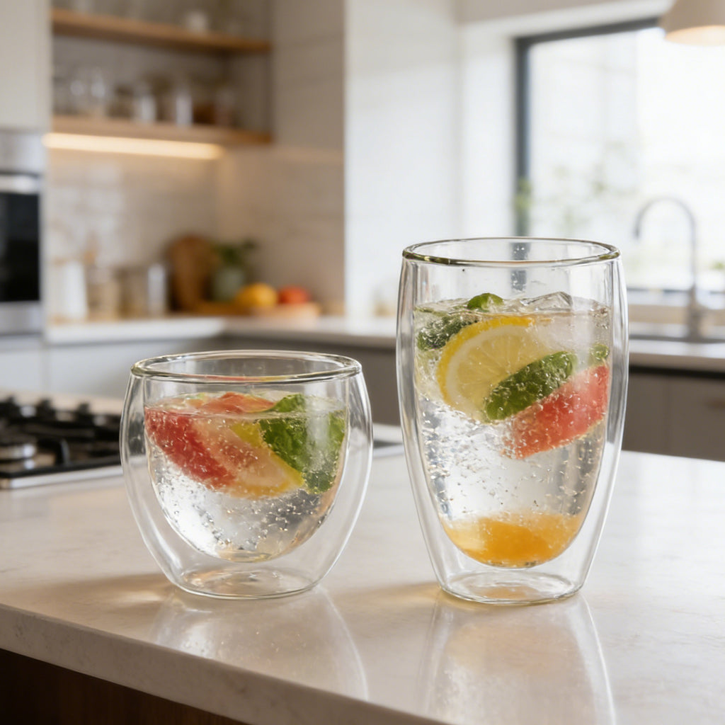 Ju7cer Lot de 2 verres en verre pour thé, boissons et café avec 2 pailles en verre 220 ml + 350 ml
