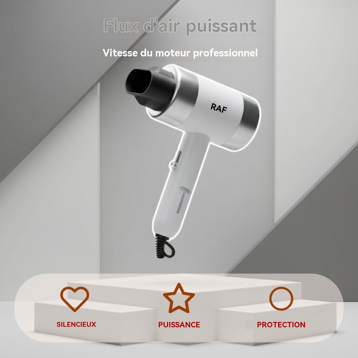 RAF Sèche-cheveux 800 W, séchage rapide 12 000 tr/min, protection contre la surchauffe, ABS, modes de température interchangeables, style salon professionnel pour la maison