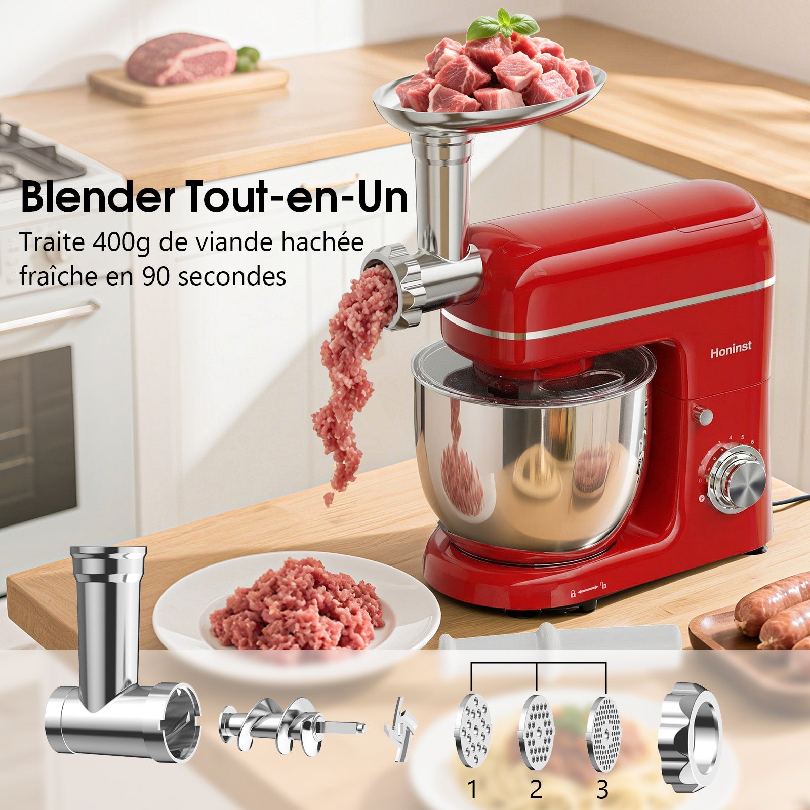 HONINST Robot pâtissier multifonction 7-en-1, 6,5 qt, 8 vitesses, tête inclinable, mixeur alimentaire électrique avec hachoir à viande, mixeur à jus, crochet pétrisseur, batteur